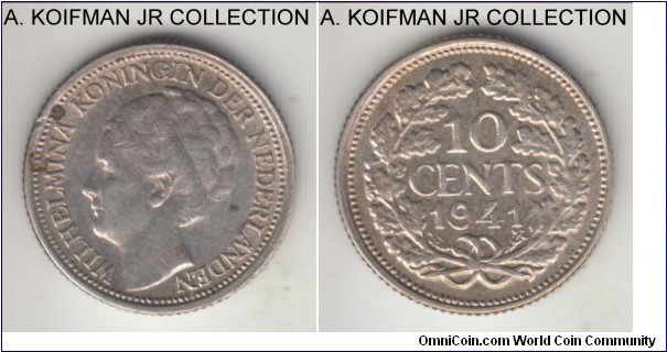 KM-163, 1941 Netherlands 10 cents, Utrecht mint (no mint mark); silver, reeded edge; Wilhelmina I, grapes privy mark, extra fine or better, but a couple of obverse spots.