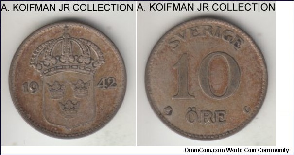KM-780, 1942 Sweden 10 ore; silver, plain edge; Gustaf V, last year of the type, average very fine or almost.