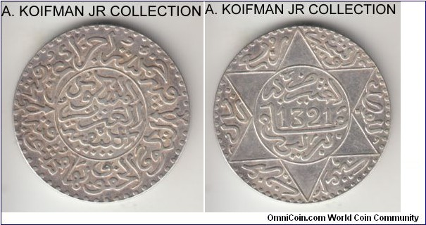 Y#20.1, AH1321(1903) Morocco 1/4 rial, 2.5 dirhams, Berlin mint (diaminds on obverse); silver, reeded edge; 2-year type, relatively common, good very fine to extra fine, possibly old cleaning.