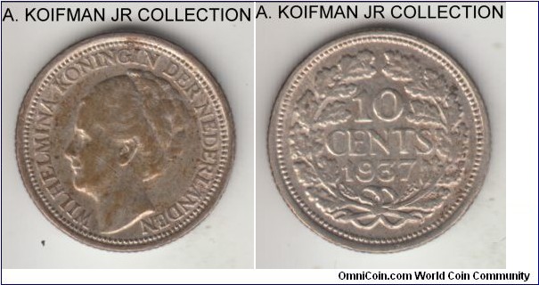 KM-163, 1937 Netherlands 10 cents; silver, reeded edge; Wilhelmina I, good very fine or so, toned obverse.