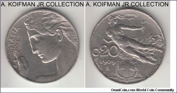 KM-44, 1909 Italy 20 centesimi, Rome mint (R mint mark); nickel, reeded edge; Vittorio Emmanuele III, Art Deco type, common circulation type, extra fine or so.