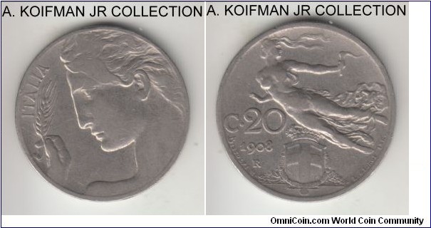 KM-44, 1908 Italy 20 centesimi, Rome mint (R mint mark); nickel, reeded edge; Vittorio Emmanuele III, first year of the Art Deco type, common circulation type, good very fine.