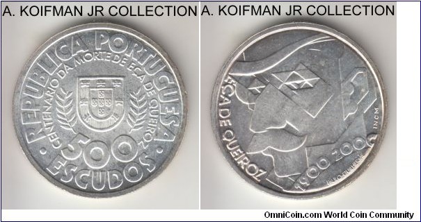 KM-725, 2000 Portugal 500 escudos, INCM mint (INCM mint mark in script); silver, reeded edge; 1-year commemorative of the centennial of the death of Eca de Queiroz, uncirculated.