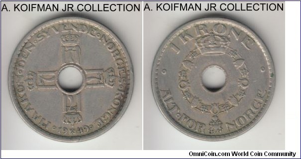 KM-385, 1949 Norway krone; copper nickel, holed flan, plain edge; Haakon VII, good very fine or so.
