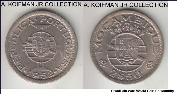 KM-78, 1952 Portuguese Mozambique (Colony) 2.5 escudos;  copper-nickel, reeded edge; Portuguese coloonial issue, first year of the type, nice choice to gem uncirculated.