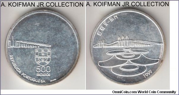 KM-723, 1999 Portugal 500 escudos; silver, reeded edge; Macau return to China 1-year commemorative, proof like and lightly toned uncirculated.