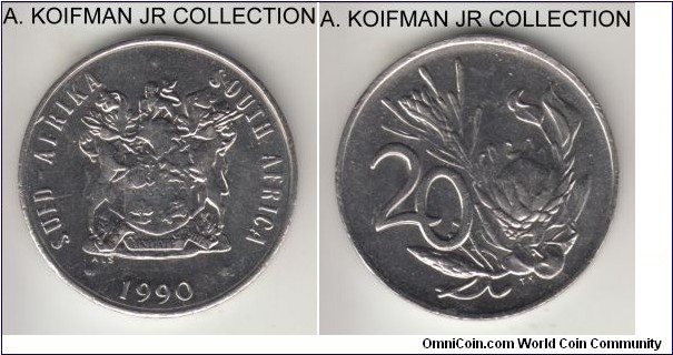 KM-86, 1990 South Africa 20 cents; nickel, plain edge; circulation business strike, last year of the large type, die A reverse, almost uncirculated but weakly struck.