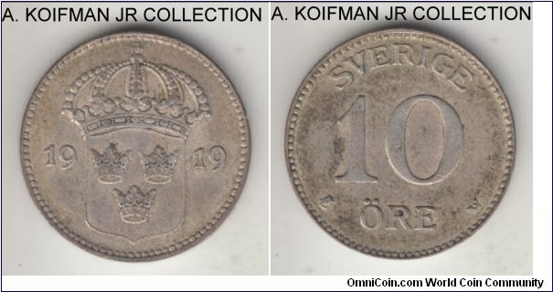 KM-780, 1919 Sweden 10 ore; silver, plain edge; Gustaf V, decent very fine.
