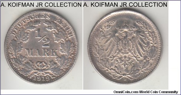 KM-17, 1919 Germany (Empire) 1/2 mark, Munich mint (D mint mark); silver, reeded edge; last Wilhelm II, mintage for all mints was small, obverse brockage, hence some degraded strike details, extra fine or so, wiped.