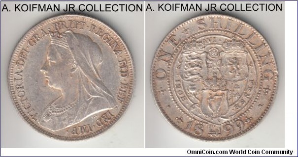 KM-780, 1899 Great Britain shilling; silver, reeded edge; Victoria, lighter toned extra fine.