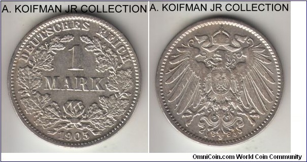 KM-14, 1905 Germany (Empire) mark, Hamburg mint (J mint mark); silver, reeded edge; Wilhelm II, scarcer mint/year, extra fine details, may have been cleaned in the past.