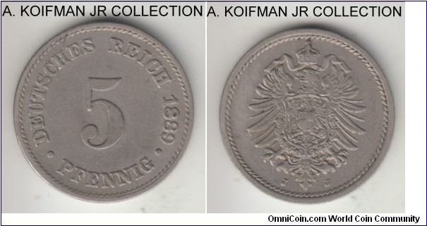 KM-3, 1889 Germany 5 pfennig, Hamburg mint (J mint mark); copper-nickel, plain edge; Wilhelm I, last year of the type and relatively small mintage, good very fine to extra fine.