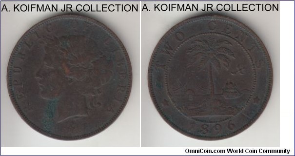 KM-6, 1896 Liberia 2 cents, Heaton mint (H mintmark), bronze, plain edge; scarce coin despite relatively large mintage, dark toned good fine to very fine details, some obverse corrosion or deposits in front of Liberty's neck.