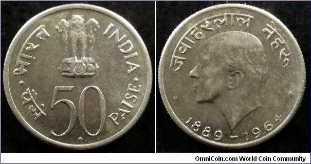 India 50 paise. 1964, Jawaharlal Nehru. Hindi text. Mumbai Mint. (II)