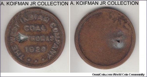 1920 Danish West Indies coal token; brass, uniface flan, plain edge; West Indian Coal Company tally token, 1/2 day punch, very fine or almost.