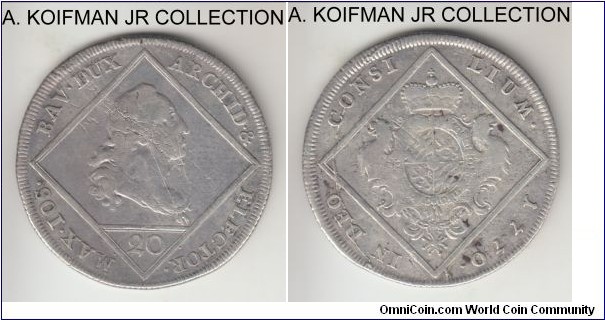 KM-550.1, 1770 Bavaria (German State) 20 kreuzer; silver, slant reeded edge; scarce issue, Maxumillian III, Josef, Elector of Bavaria, fine details.
