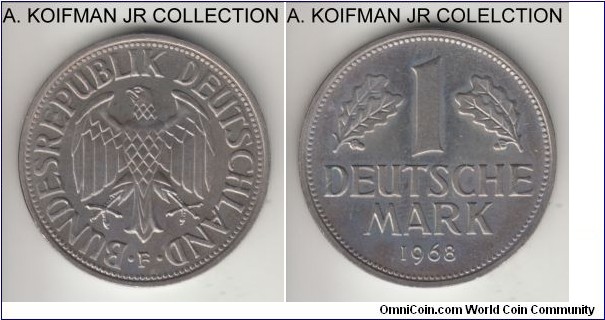 KM-110, 1968 German mark, Stuttgart mint (F mint mark); copper-nickel, plain ornamented edge; avrega uncirculated, light reverse toning.