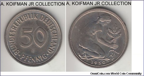 KM-109.1, Germany (Federal Republic) 50 pfennig, Hamburg mint (J mint mark); copper-nickel, reeded edge; early West German issue, average uncirculated, toned reverse.