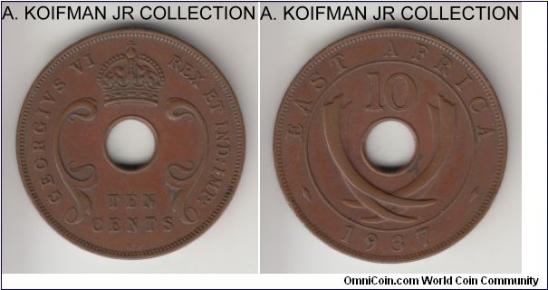 KM-26.1, 1937 East Africa 10 cents, Kings Norton mint (KN mint mark); bronze, holed flan, plain edge; George VI first, coronation year, brown good extra fine.