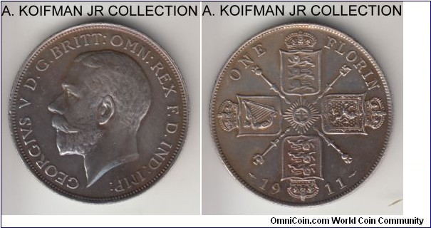 KM-817, 1911 Great Britain florin; silver, reeded edge; George V, first year, almost uncirculated details, artificial gun metal color.