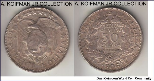 KM-175.1, 1906 Bolivia 50 centavos, Potosi mint (PTS in monogram), MM assayer; silver, reeded edge; smaller mintage MM asseyer, typically weak strike and almost half of the edge is flan as collar bust have been worn out, about extra fine for details.