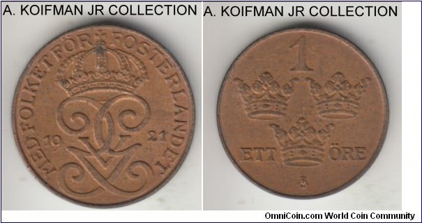 KM-777.2, 1921 Sweden ore; bronze, plain edge; Gustaf V, more common year, lightly brown toned uncirculated.