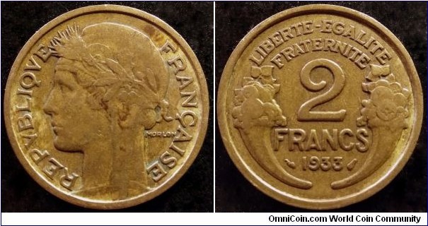 France 2 francs 1933 designed by Pierre-Alexandre Morlon. Thick 