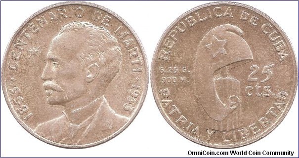 25 Centavos 1953 Cuba