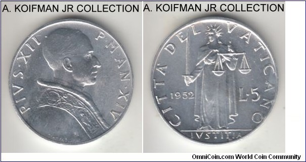 KM-51.1, 1952 Vatican 5 lire; aluminum, plain edge; Pius XII year XIV, common, bright uncirculated with just a bit of toning.