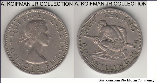 KM-27.2, 1958 New Zealand shilling; copper-nickel, reeded edge; Elizabeth II, extra fine details.