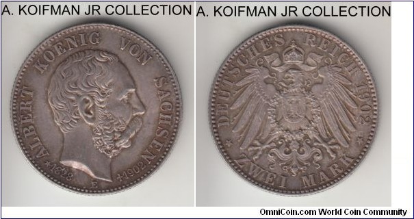 KM-1255, 1902 Germany (Empire) mark, Mildenhutten mint (E mint mark); silver, reeded edge; commemorative issue on the death of King Albert of Saxony, almost uncirculated with some storage toning.