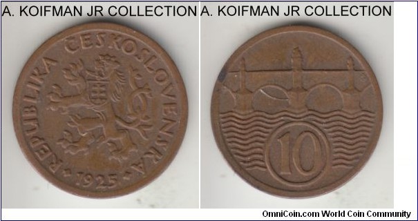 KM-3, 1925 Czechoslovakia 10 haleru; bronze, plain edge; Republican coinage, brown almost uncirculated.
