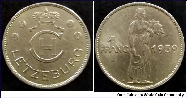 Luxembourg 1 franc.
1939, Charlotte, Grand Duchess of Luxembourg.