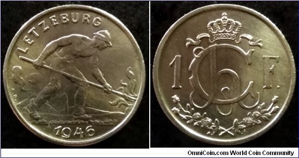 Luxembourg 1 franc. 
1946, Charlotte, Grand Duchess of Luxembourg.