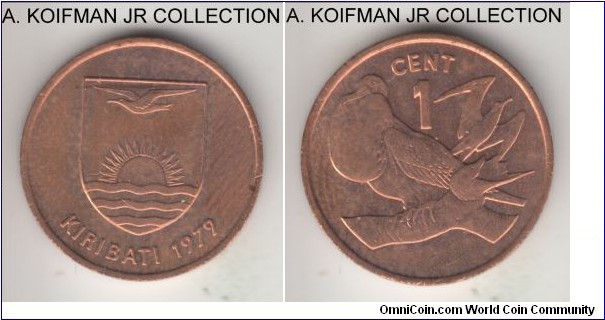 KM-1, 1979 Kiribati cent; bronze, plain edge; first year of coinage, mintage 90,000, average red brown uncirculated.