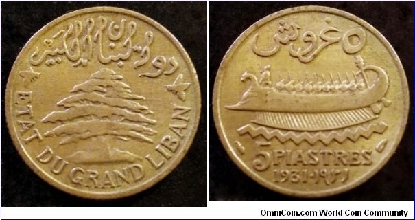 Lebanon 5 piastres.
1931, Bronze. Weight; 3,85g. Diameter; 23mm. Paris Mint. Mintage:  400.000 pcs.