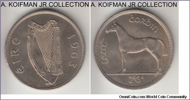 KM-16a, 1963 Ireland 1/2 crown; copper-nickel, reeded edge; nice uncirculated specimen from green mint set.