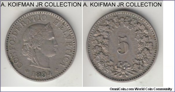 KM-26, 1894 Switzerland 5 rappen; copper-nickel, plain edge; Confederation, good very fine to extra fine, a bit dirty.