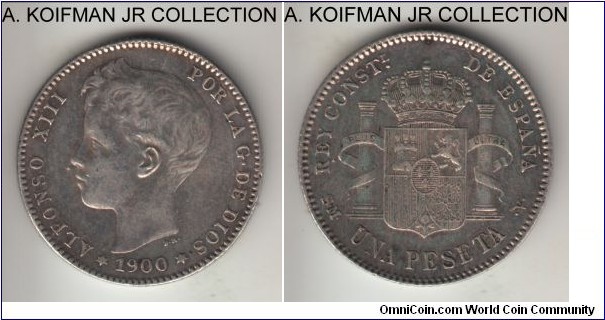 KM-706, 1900 (00) Spain (Kingdom) peseta; silver, reeded edge; Alfonso XIII, good very fine, old cleaning.