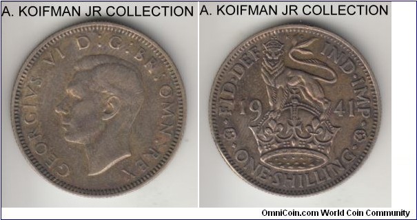 KM-853, 1941 Great Britain shilling; silver, reeded edge; George VI, English crest, darker toned extra fine.