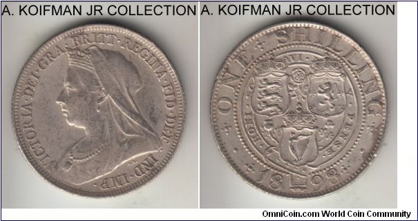 KM-780, 1898 Great Britain shilling; silver, reeded edge; Victoria, extra fine or so and toned.