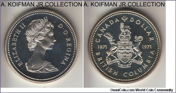 KM-80, 1971 Canada dollar; silver, reeded edge; Elizabeth II, British Colombia Centennial commemorative, specimen cameo variety, light toning.
