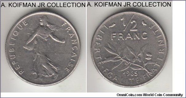 KM-931.1, 1965 France 1/2 franc, Paris mint; nickel, reeded edge; Roty Sower circulation strike, bold (normal) legend lettering variety, extra fine or so.