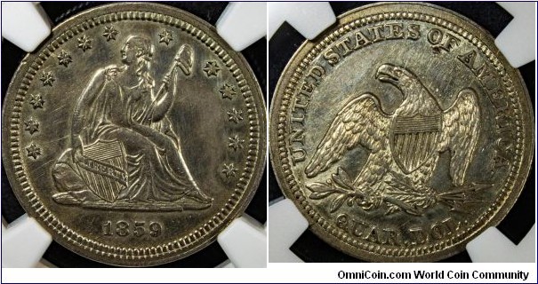 1859 seated liberty quarter. NGC AU  details cleaned and reverse damage. 