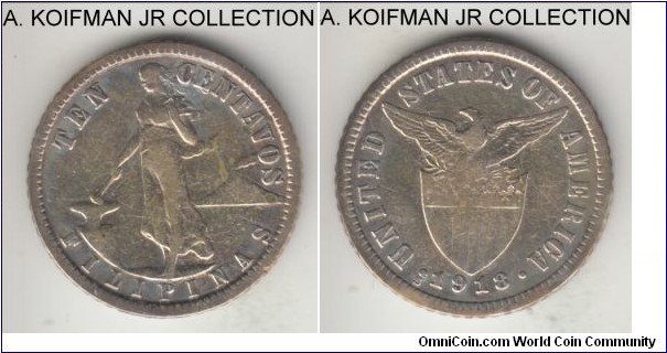 KM-169, 1918 Philippines (US-Philippines Commonwealth) 10 centavos, San Francisco mint (S mint mark); silver, reeded edge; a common year, fine or so, cleaned.