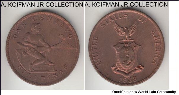 KM-179, 1938 Philippines Commonwealth centavo, Manila mint (M mint mark); bronze, plain edge; mostly brown uncirculated.