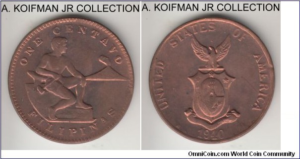 KM-179, 1940 Philippines Commonwealth centavo, Manila mint (M mint mark); bronze, plain edge; smallest mintage of the type, red brown uncirculated.