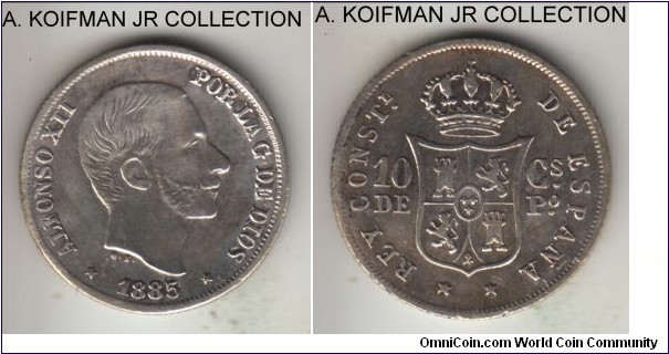 KM-148, 1885 Philippines (Spanish) 10 centimos; silver, reeded edge; Alphonso XII, decent circulated almost extra fine details, cleaned and a bit of scraping at the edge.