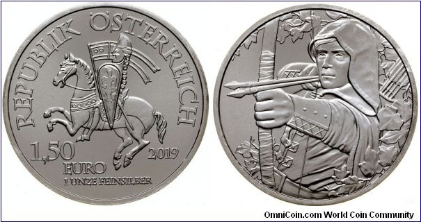 Austria 1,50 Euro - 825th Anniversary of Vienna Mint. Robin Hood. 1 oz. fine silver.