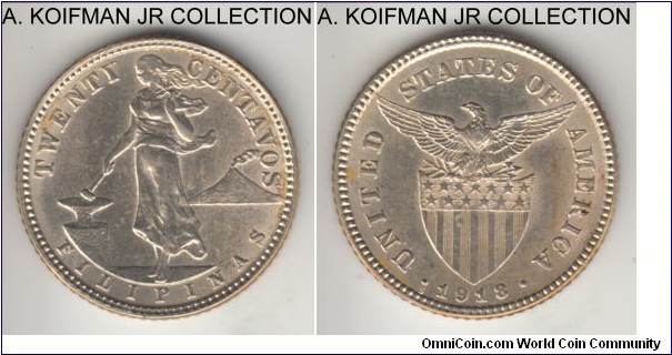 KM-170, 1918 Philippines (US-Philippines Commonwealth) 20 centavos, San Francisco mint (S mint mark); silver, reeded edge; common year, almost uncirculated, part toned.